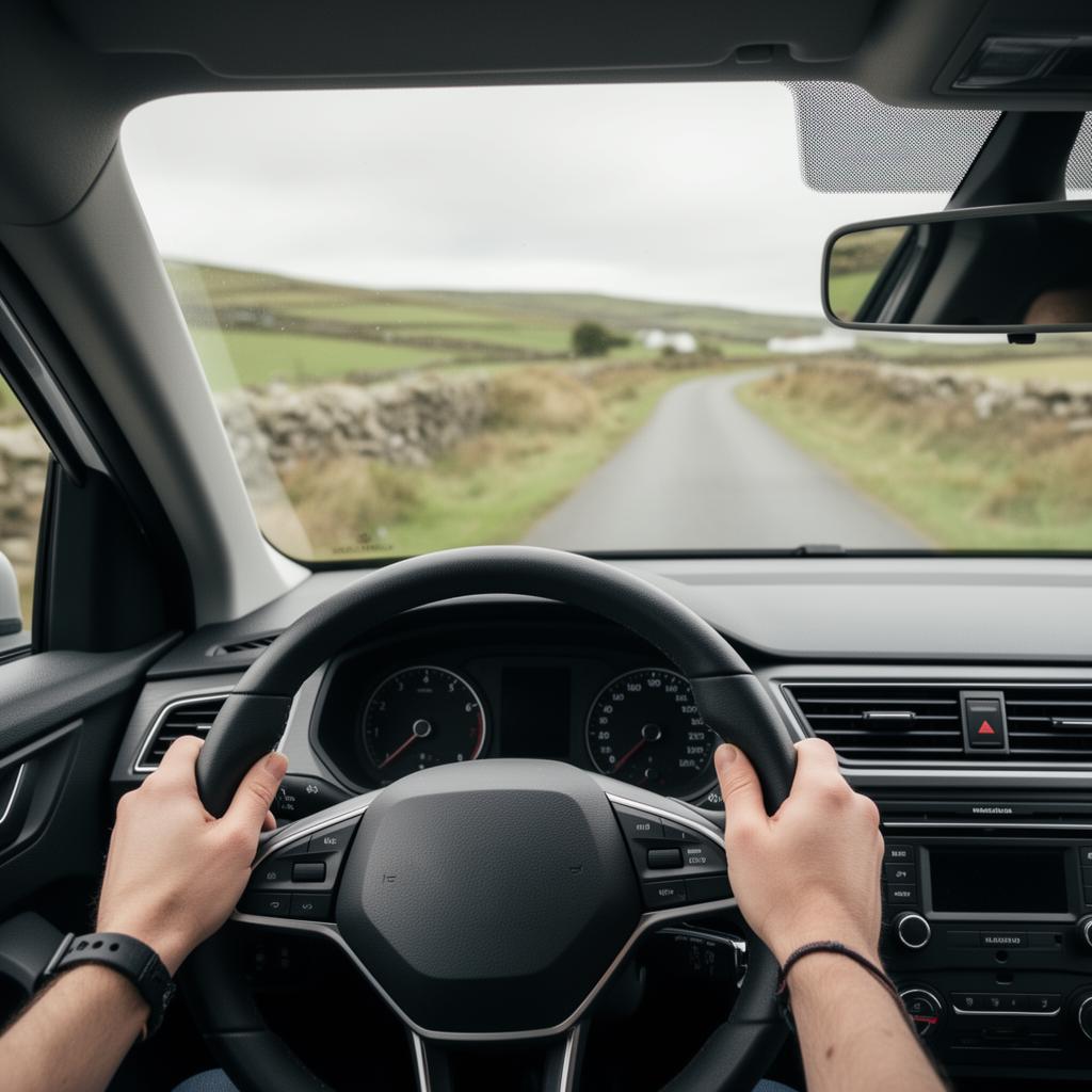 Pupil's first-person view of hands on the steering wheel, looking out at an Irish country road
